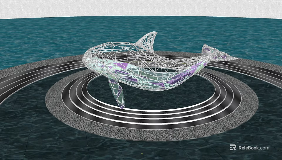 Modern Garden Landscape With Whale Sculpture And Circular Water Features 3d model 