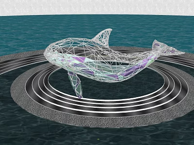 Modern Garden Landscape With Whale Sculpture And Circular Water Features 3d model