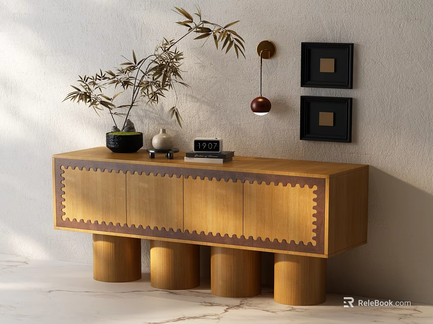 Modern Wooden Console Table Featuring Decorative Patterns Cylindrical Legs Plant Vase And Wall Frames 3d model 