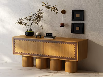 Modern Wooden Console Table Featuring Decorative Patterns Cylindrical Legs Plant Vase And Wall Frames 3d model