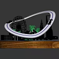 Decorative Miniature Scene With Circular Wooden Base Mirror Black Structures Green Plant And Zebra Figure