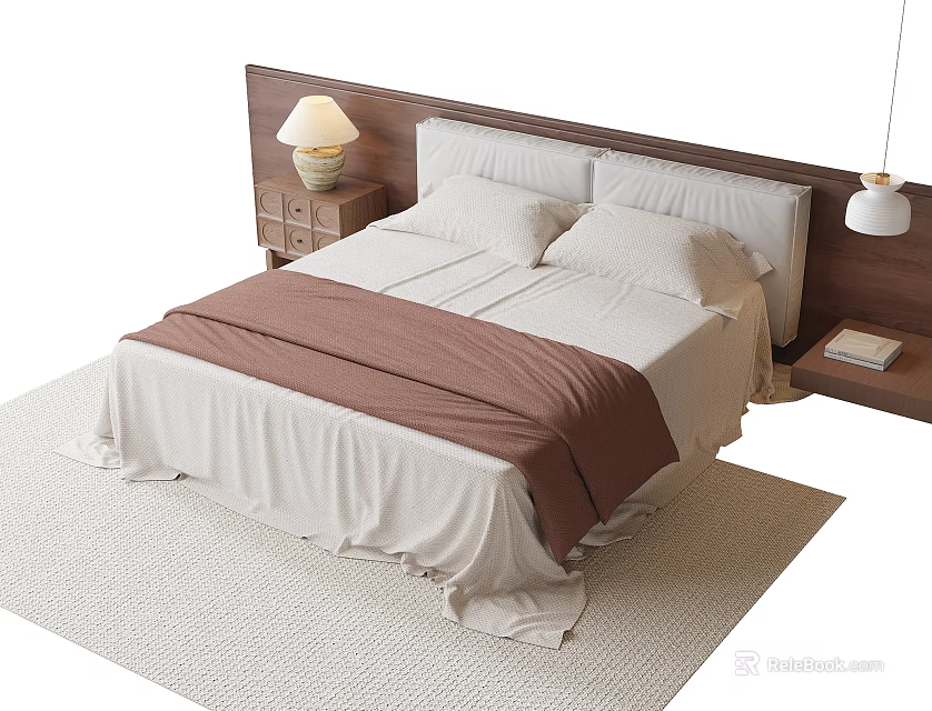 Modern Double Bed With White Sheets Brown Blanket Wooden Headboard And Nightstands With Lamp Book 3d model 