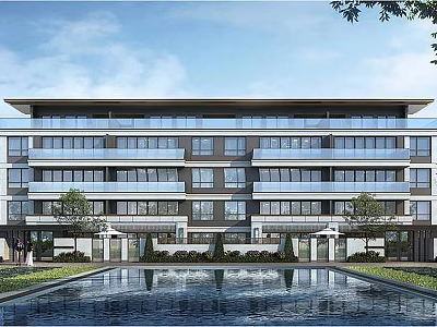 Modern Contemporary Residential Building With Glass Windows Balconies Pool And Greenery 3d model