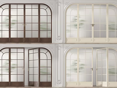 Wooden and White Double Doors with Glass Panels and Arch Frame Design 3d model