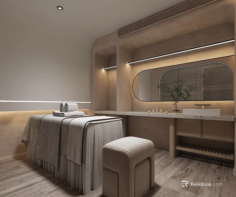 Spa Sauna Modern Interior With Massage Bed Towels Mirror And Wooden Floor 3d model 