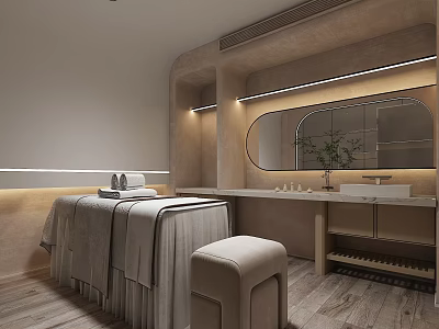 Spa Sauna Modern Interior With Massage Bed Towels Mirror And Wooden Floor 3d model