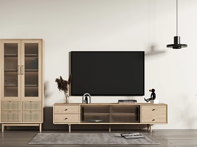 Modern TV Stand with TV Decorative Items Wooden Storage Cabinet under Pendant Light and Rug 3d model