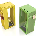 Yellow And Green Mesh Cubicles With Interior Stool And Hanging Bags Hat