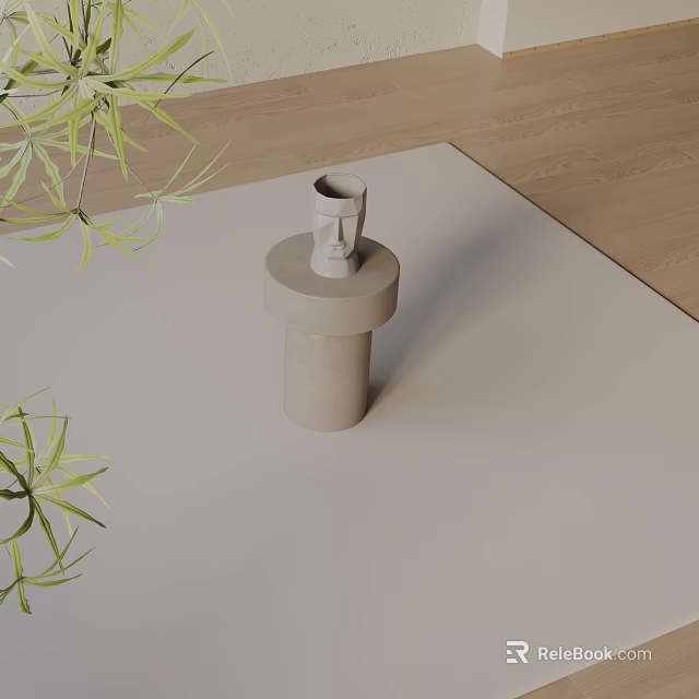 Minimalist Concrete Cylindrical Side Table with Green Plant Leaves on Wooden Floor Mat 3d model 
