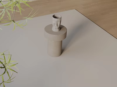 Minimalist Concrete Cylindrical Side Table with Green Plant Leaves on Wooden Floor Mat 3d model