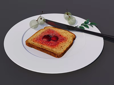 Toast With Red Jam On White Plate And Knife Green Grapes Leaves 3d model