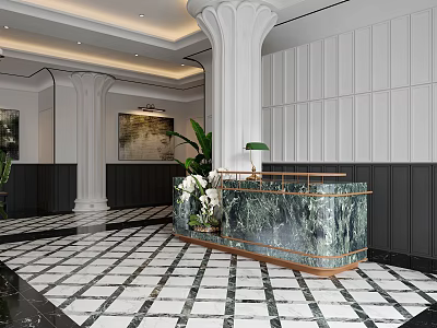 Elegant Restaurant Lobby With Marble Reception Desk Black And White Checkered Floor And White Columns 3d model