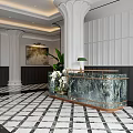 Elegant Restaurant Lobby With Marble Reception Desk Black And White Checkered Floor And White Columns