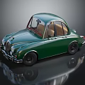 Green Vintage Classic Car With Rounded Body And Brown Interior Design