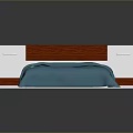 Modern Bed with Blue Bedspread White and Wooden Headboard and Integrated Side Units