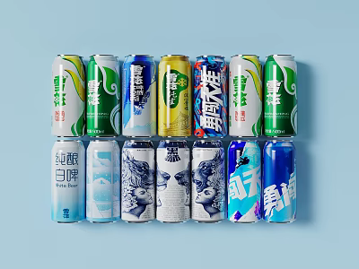 Assorted Canned Beverages With Various Flavors Arranged On Light Blue Background 3d model
