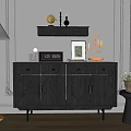 Black Console Table With Decorative Items Photo Frame Clock And Candle Holders In Modern Interior 3d model