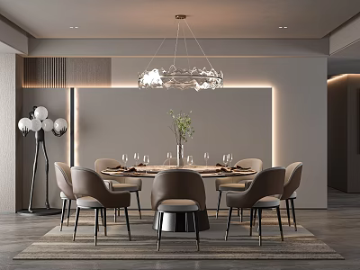 Modern Restaurant Interior With Round Dining Table Chairs Chandelier Wall Lighting And Decorative Lamps 3d model