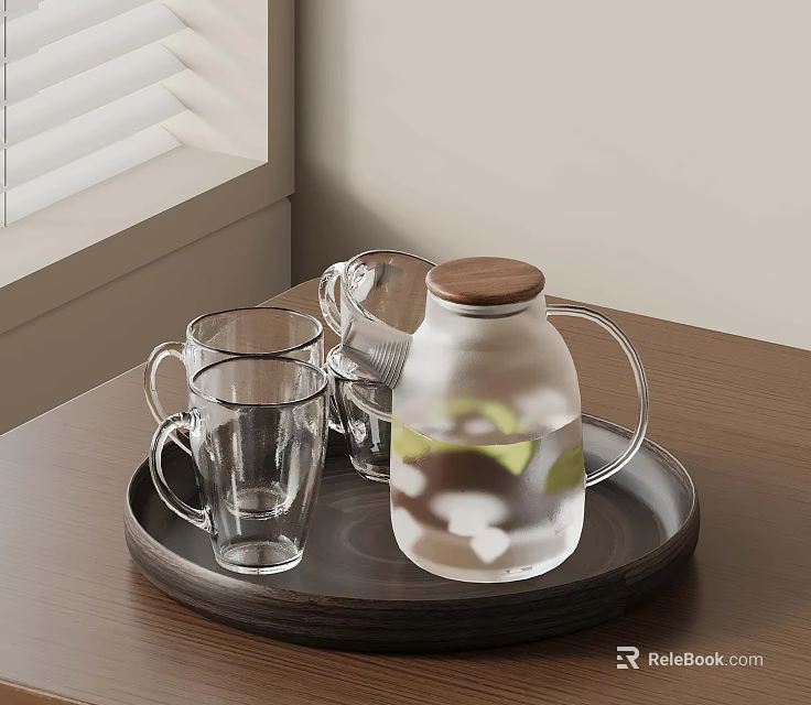 Glass Pitcher With Wooden Lid And Lemon Slices On Tray With Glass Cups 3d model 