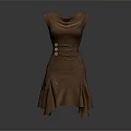 Brown Knit Dress With Unique Neckline Ruched Waist And Layered Skirt