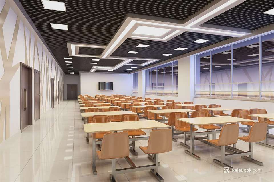 Spacious Modern Cafeteria Interior With Tables Chairs Large Windows And Bright Ceiling Lights 3d model