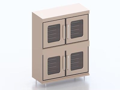 Beige Double Layer Kitchen Appliance Cabinet With Glass Doors Metal Handles And Wheels 3d model