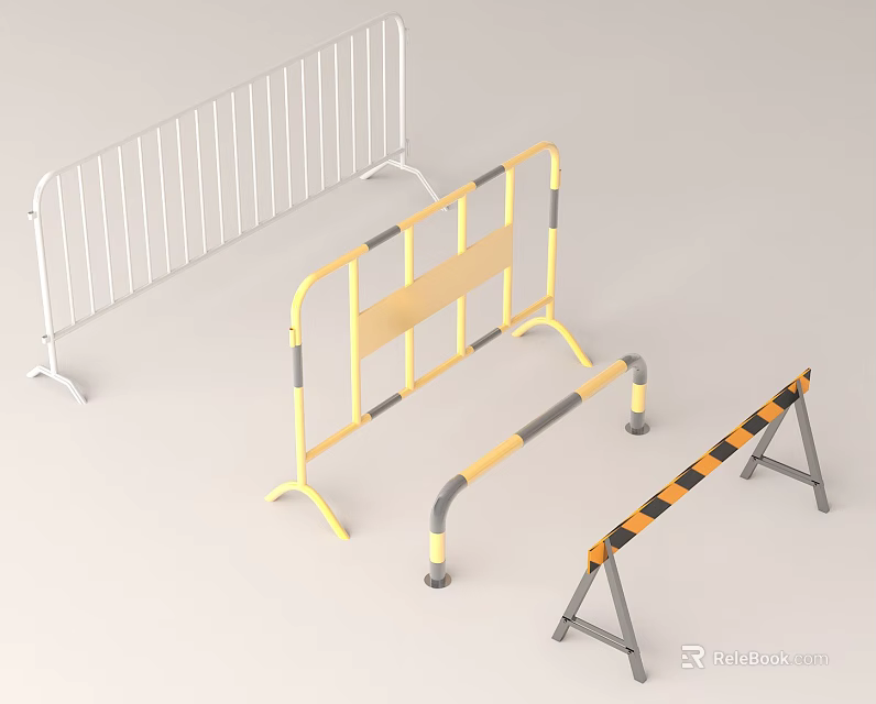 Municipal Road Traffic Barriers Featuring White Metal Yellow And Black Striped Types 3d model 