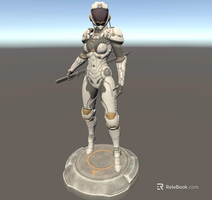 Futuristic Female Warrior 3D Model With Armor Weapon And Standing Base 3d model 