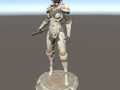 Futuristic Female Warrior 3D Model With Armor Weapon And Standing Base 3d model