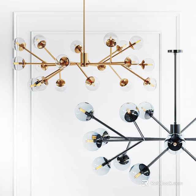Modern Gold And Black Chandeliers With Metal Frames And Spherical Glass Shades 3d model 