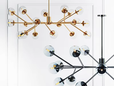 Modern Gold And Black Chandeliers With Metal Frames And Spherical Glass Shades 3d model