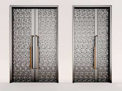 Modern Metal Double Doors With Intricate Laser Cut Patterns And Gold Handles 3d model
