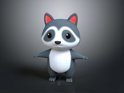 Cute Cartoon Raccoon Character With Gray Body White Belly Red Ears And Black Eyes 3d model