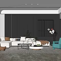 Modern Living Room Interior With White L shaped Sofa Brown Gray Cushions And Green Armchair