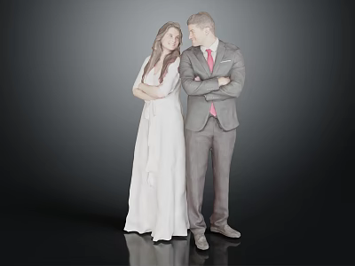 Couple With Crossed Arms In White Dress And Gray Suit 3d model