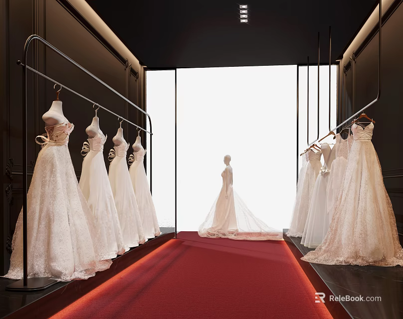 Elegant Bridal Shop Featuring Wedding Dresses On Hangers Red Carpet Mannequin And Bright Interior 3d model 