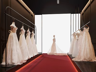 Elegant Bridal Shop Featuring Wedding Dresses On Hangers Red Carpet Mannequin And Bright Interior 3d model