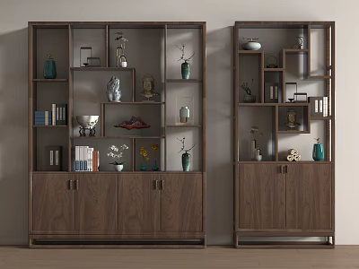 Wooden Chinese Display Shelf with Multiple Compartments Storage Cabinet Doors and Decorative Vases Books Ornaments 3d model