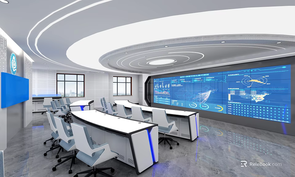 Modern Control Room Interior With Large Display Screen Workstations And Ergonomic Chairs 3d model 