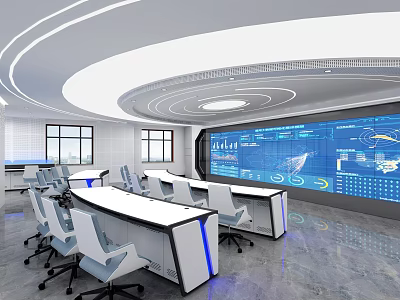 Modern Control Room Interior With Large Display Screen Workstations And Ergonomic Chairs 3d model