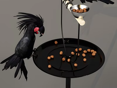 Feeding Black Bird With Red Beak On Tray With Nuts In Feeder And Surrounding Area 3d model