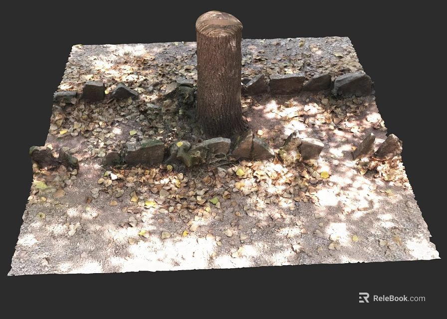 Outdoor Tree Stump Surrounded by Stone Wall with Fallen Leaves and Sunlight 3d model 