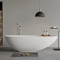 Modern Freestanding White Bathtub with Wooden Decorative Wall Hanging Pendant Light Towel Rack Toiletries and Slippers