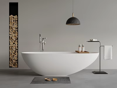 Modern Freestanding White Bathtub with Wooden Decorative Wall Hanging Pendant Light Towel Rack Toiletries and Slippers 3d model