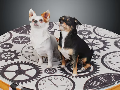 Two Small White And Black Dogs Sitting On Tablecloth With Gear And Clock Patterns 3d model
