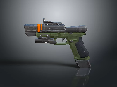Tactical Green Black Pistol With Orange Stripe And Tactical Accessory Design 3d model