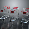 Three Shopping Carts With Silver Frames Red Handles And Metal Grid Design 3d model