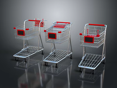 Three Shopping Carts With Silver Frames Red Handles And Metal Grid Design 3d model