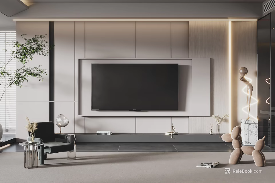 Modern TV Wall Design With Wooden Panels Ambient Lighting And Decorative Items 3d model 
