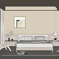 Modern Bedroom Interior Design With Wooden Bed Wall Art Window Blinds And Area Rug